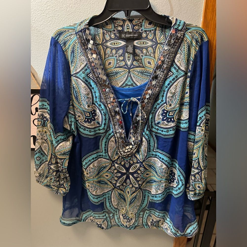 INC International Concepts Women beaded Boho Blouse with underslip Petite XL - Picture 1 of 10